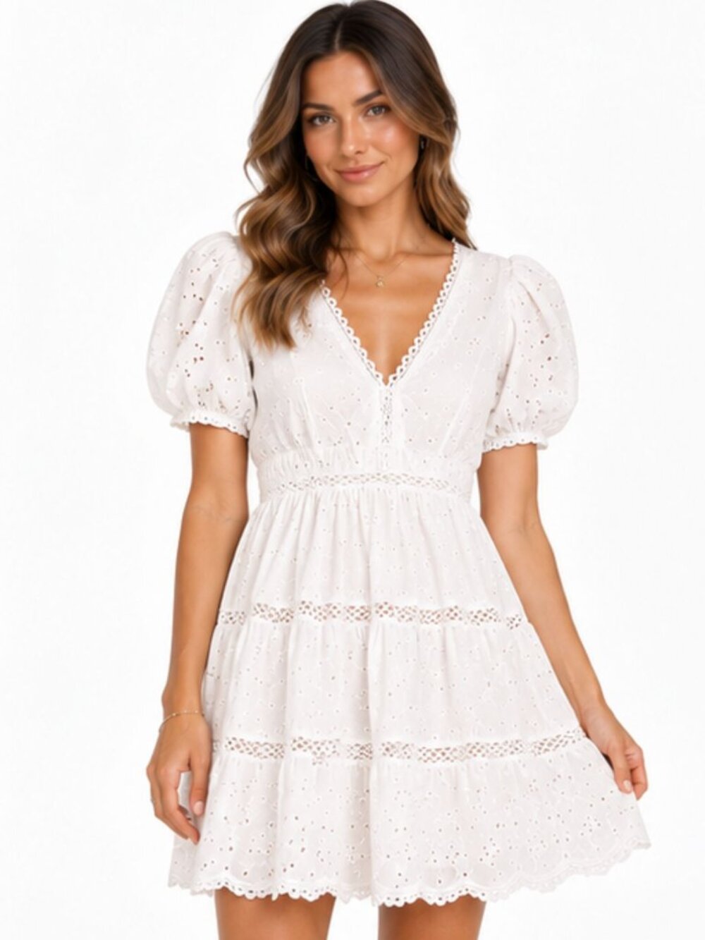 Lush White Eyelet Lace Puff Sleeve Tiered Mini Dress Small